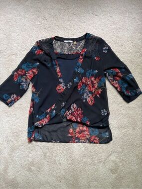 Dex Navy Floral Wrap Blouse with Red & Teal Accents
